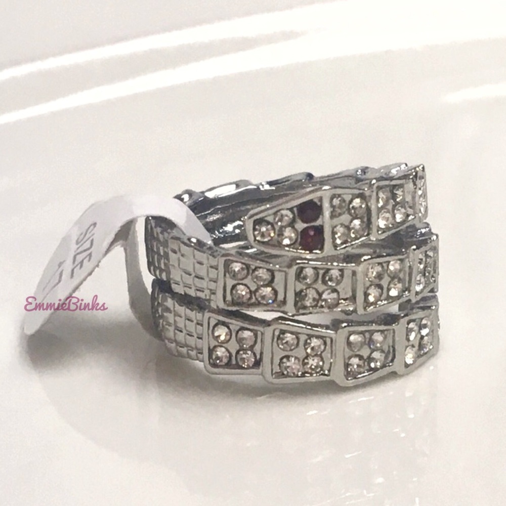 NWT Silvertone Red Eye Rhinestone Snake Ring / Rhinestone Coiled Serpent Ring